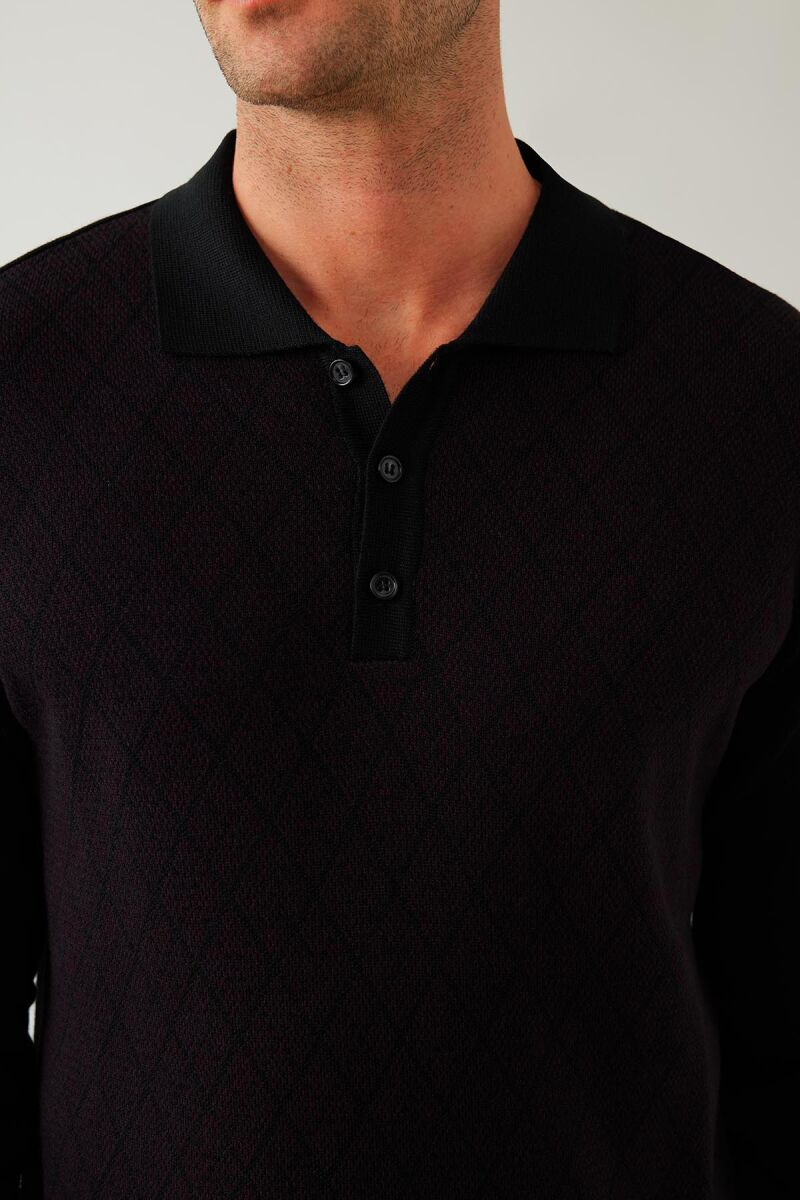 Erkek Siyah Bordo Regular Fit Yün Karışımlı Polo Yaka Triko - 7