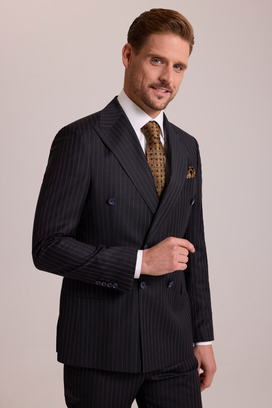 Erkek Siyah Çizgili Regular Fit Kruvaze Takım Elbise