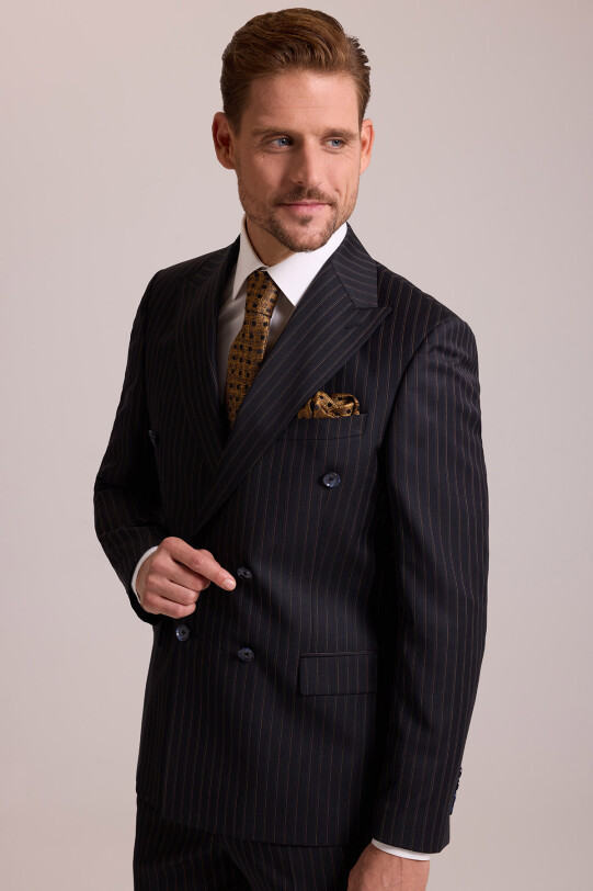Erkek Siyah Çizgili Regular Fit Kruvaze Takım Elbise