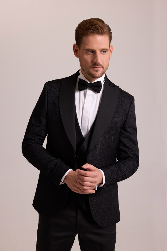 Erkek Siyah Damatlık Slim Fit Kırlangıç Yaka Desenli