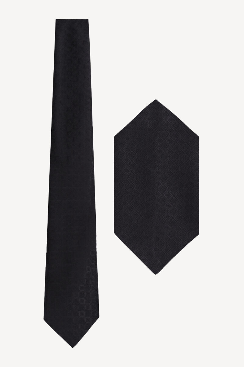 Erkek Siyah Desenli Kravat Mendil Set - 1