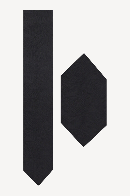 Erkek Siyah Desenli Kravat Mendil Set - YSF