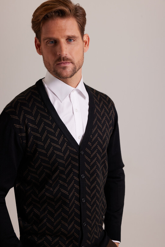 Erkek Siyah Desenli Triko Hırka