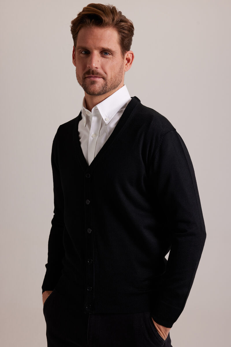 Erkek Siyah Düğmeli Triko Hırka - 6