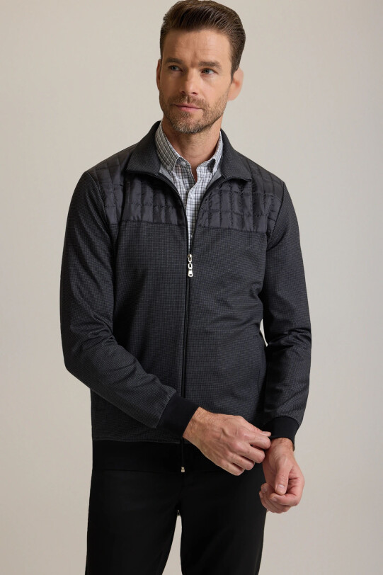 Erkek Siyah Fermuarlı Desenli Sweatshirt