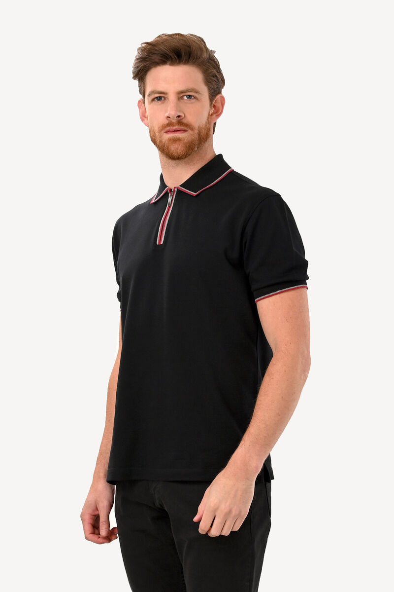 Erkek Siyah Fermuarlı Polo Yaka Regular Fit Tshirt - 1