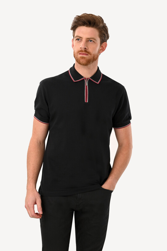 Erkek Siyah Fermuarlı Polo Yaka Regular Fit Tshirt