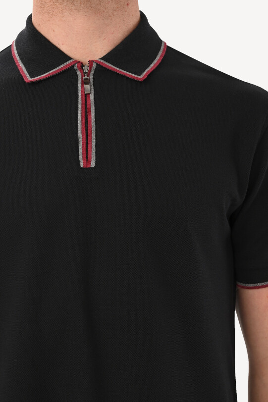 Erkek Siyah Fermuarlı Polo Yaka Regular Fit Tshirt