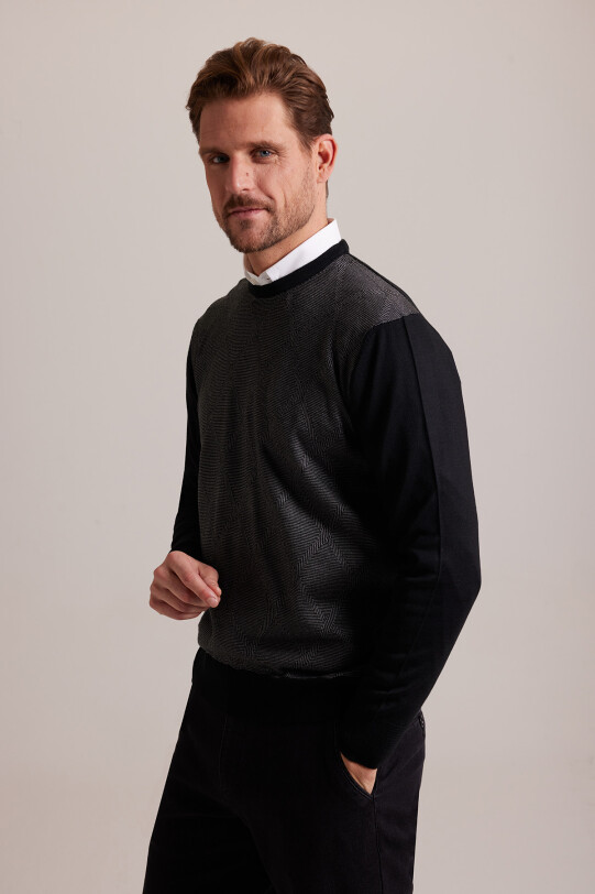 Erkek Siyah Gri Baklava Desenli Regular Fit Bisiklet Yaka Triko