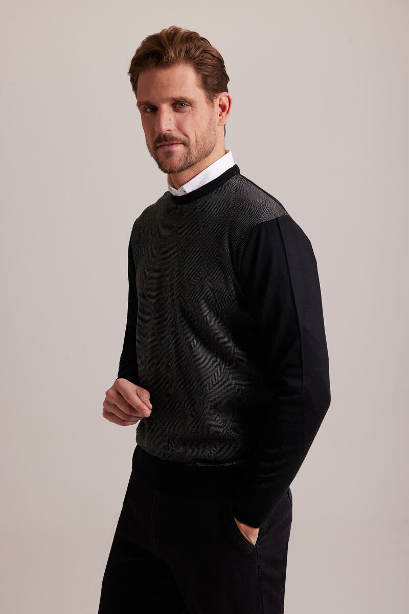 Erkek Siyah Gri Baklava Desenli Regular Fit Bisiklet Yaka Triko - 2