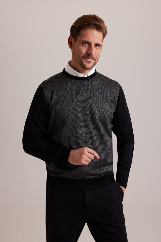 Erkek Siyah Gri Baklava Desenli Regular Fit Bisiklet Yaka Triko