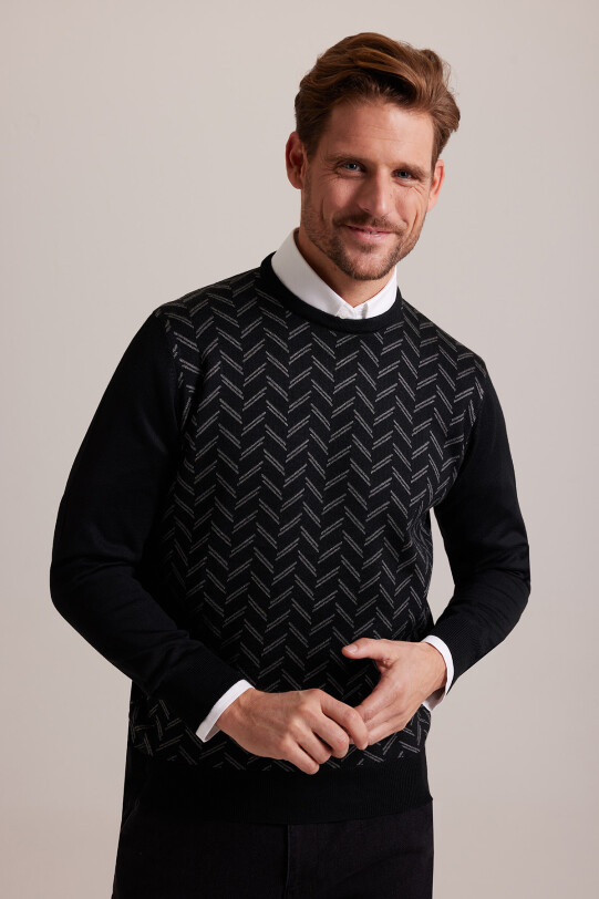 Erkek Siyah Gri Bisiklet Yaka Desenli Triko