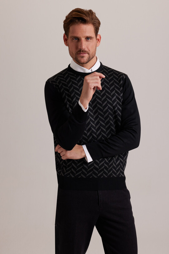 Erkek Siyah Gri Bisiklet Yaka Desenli Triko