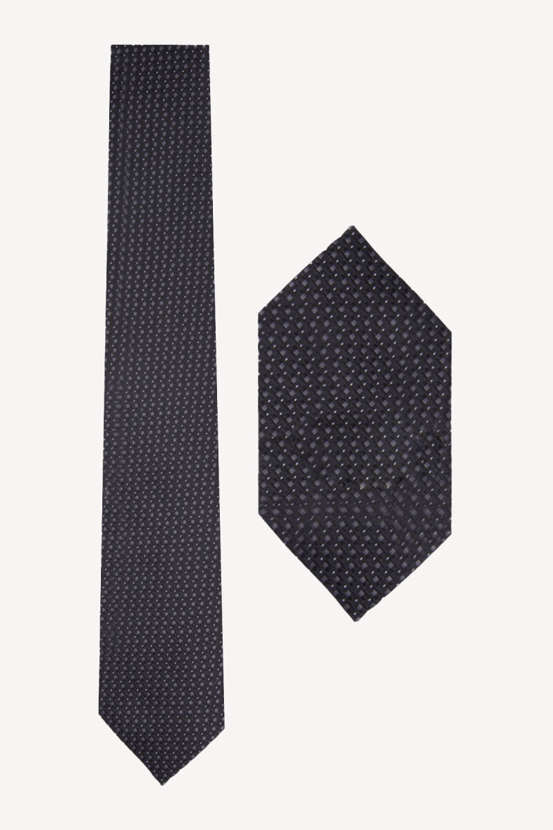 Erkek Siyah Gri Desenli Kravat Mendil - 1