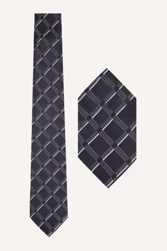 Erkek Siyah Gri Desenli Kravat Mendil - YSF