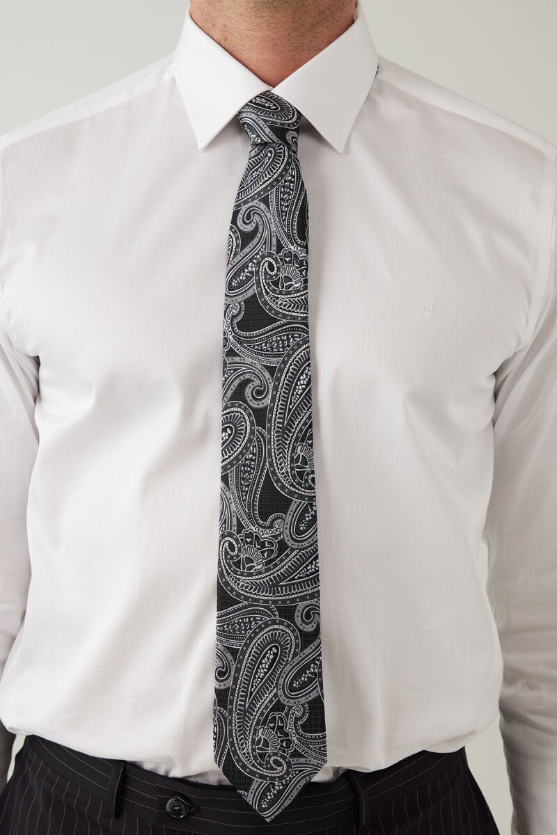 Erkek Siyah Gri Desenli Kravat Mendil Set - 1