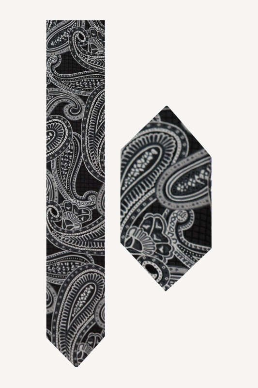 Erkek Siyah Gri Desenli Kravat Mendil Set - YSF (1)