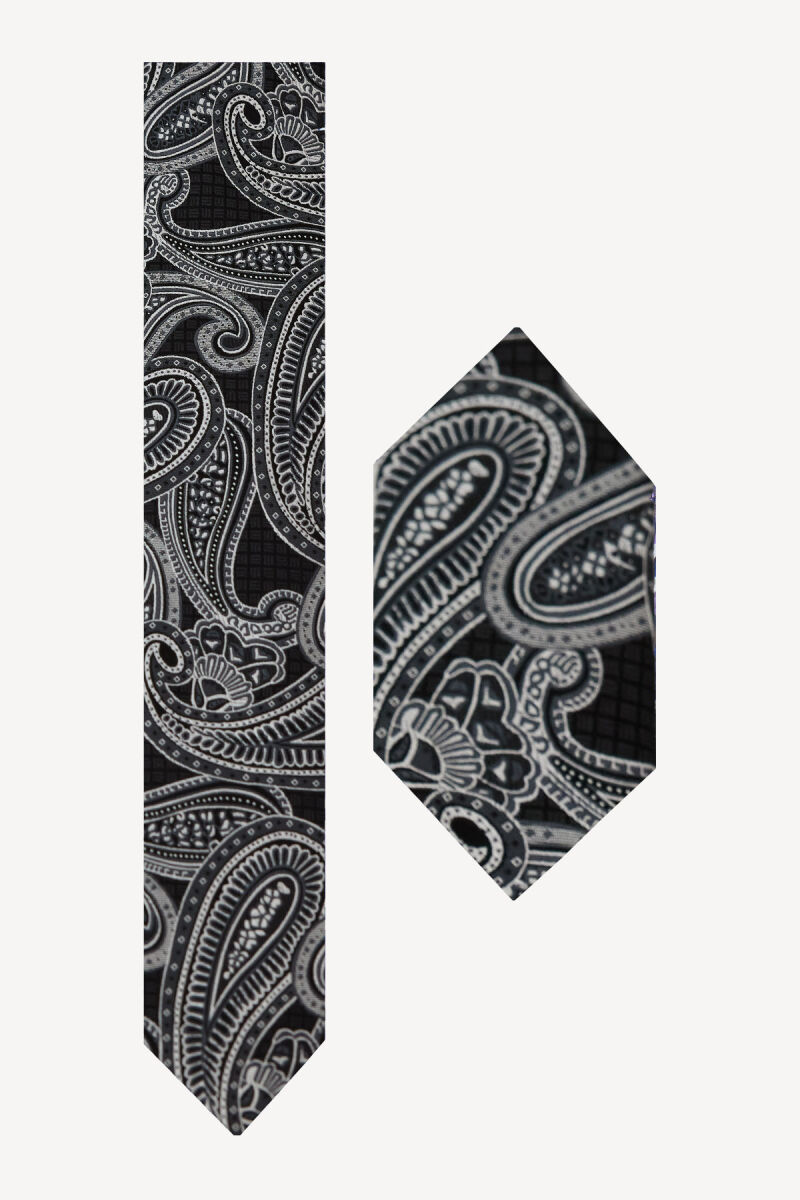 Erkek Siyah Gri Desenli Kravat Mendil Set - 2