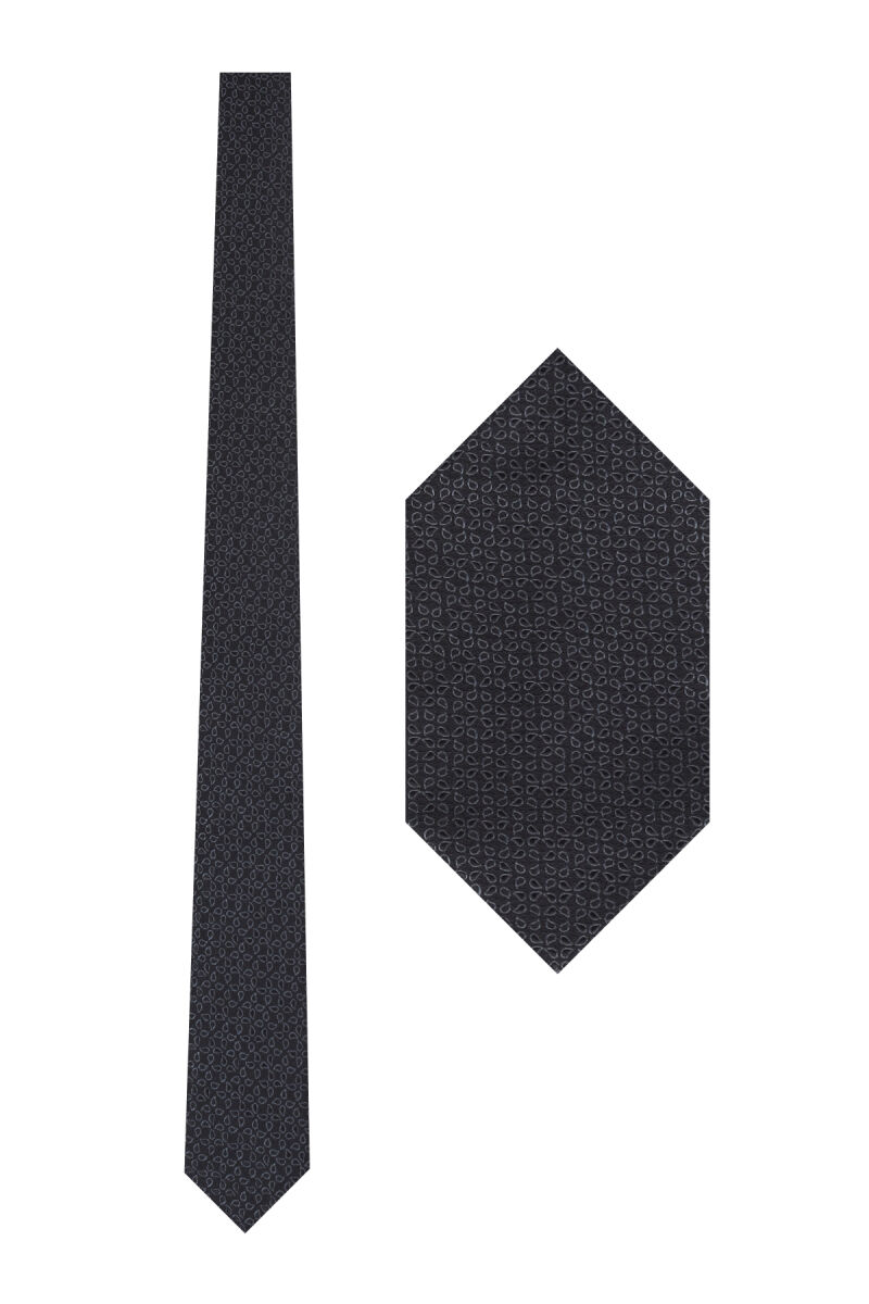 Erkek Siyah Gri Desenli Kravat & Mendil Set - 1