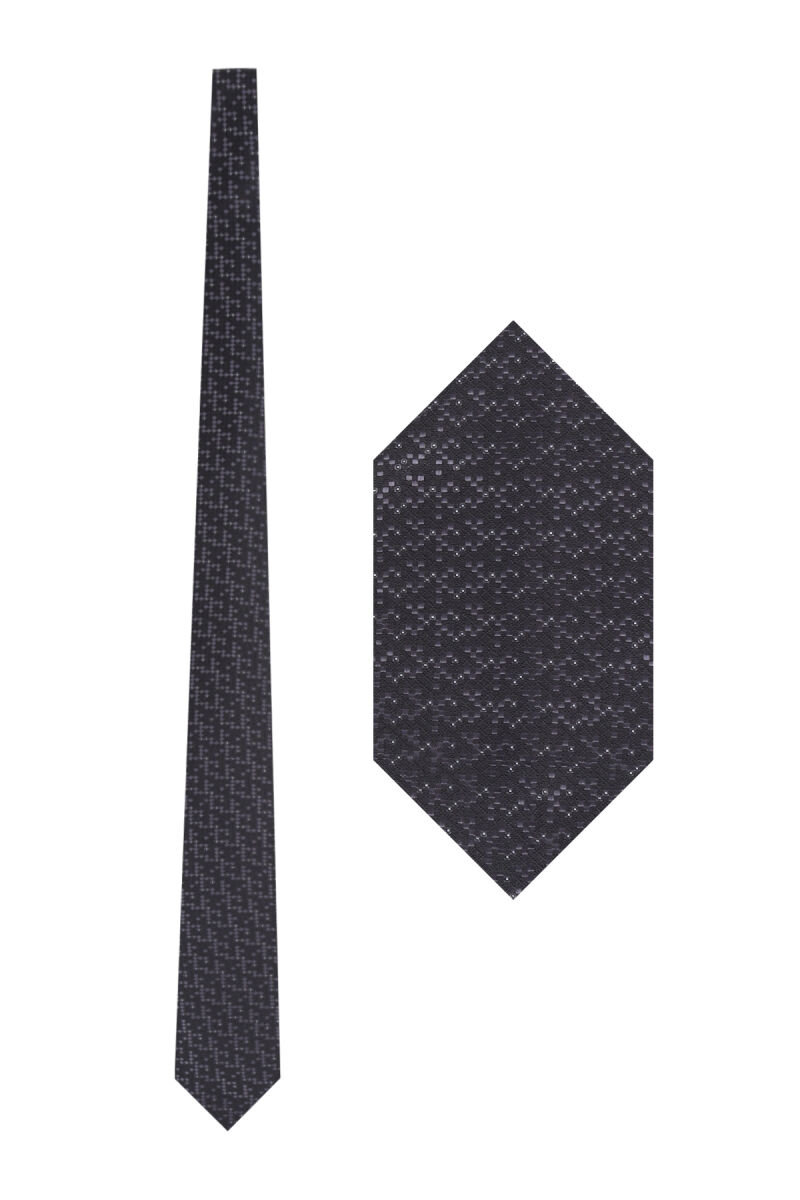 Erkek Siyah Gri Desenli Kravat Mendil Set - 1