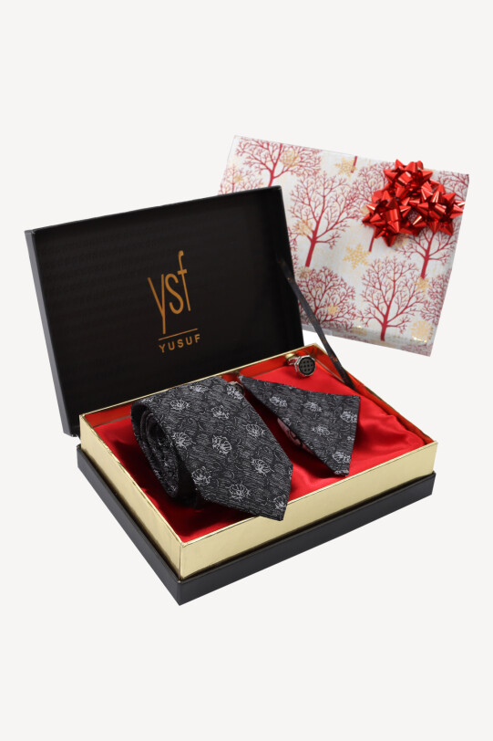Erkek Siyah Gri Kravat Mendil Kol Düğmesi Set - YSF (1)