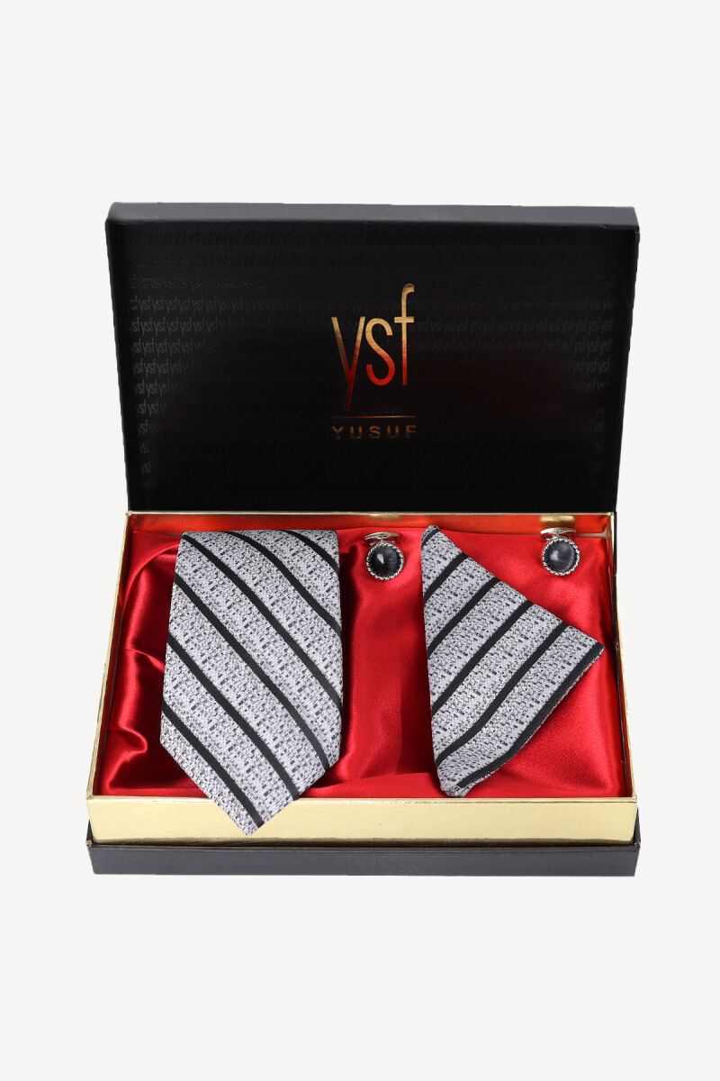 Erkek Siyah Gri Kravat Mendil Kol Düğmesi Set - 1