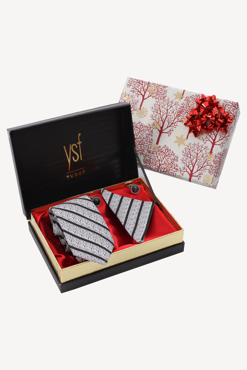 Erkek Siyah Gri Kravat Mendil Kol Düğmesi Set - 2