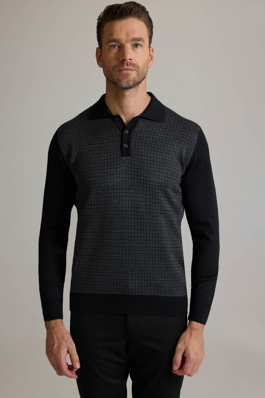 Erkek Siyah Gri Polo Yaka Desenli Triko