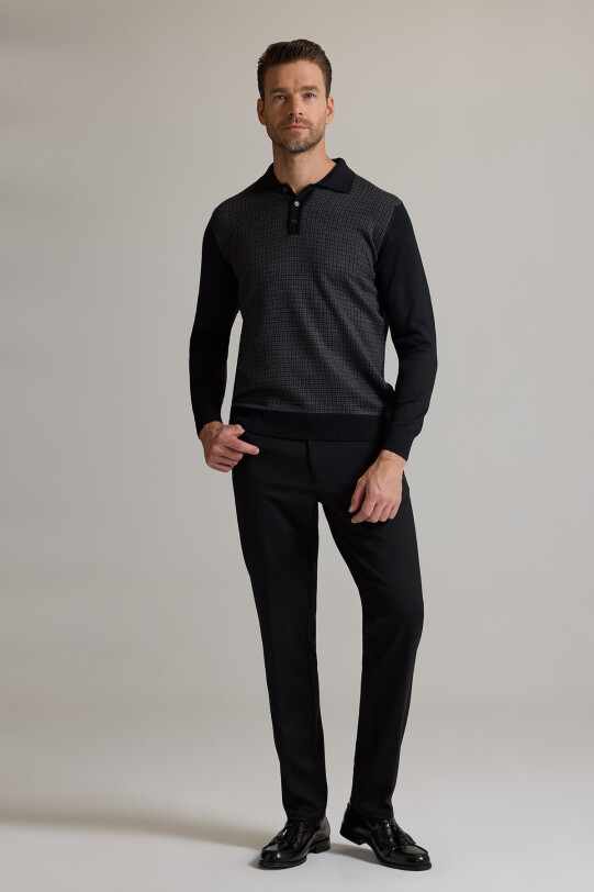 Erkek Siyah Gri Polo Yaka Desenli Triko