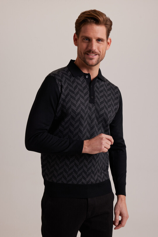 Erkek Siyah Gri Polo Yaka Desenli Triko