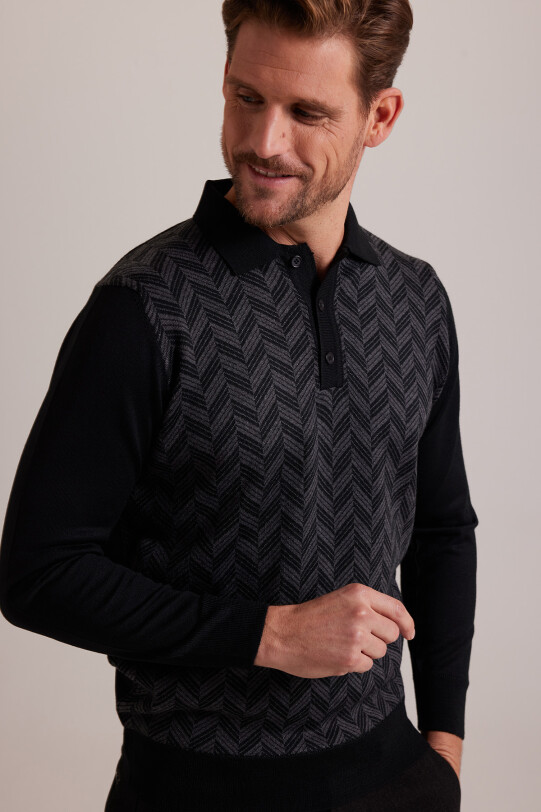 Erkek Siyah Gri Polo Yaka Desenli Triko