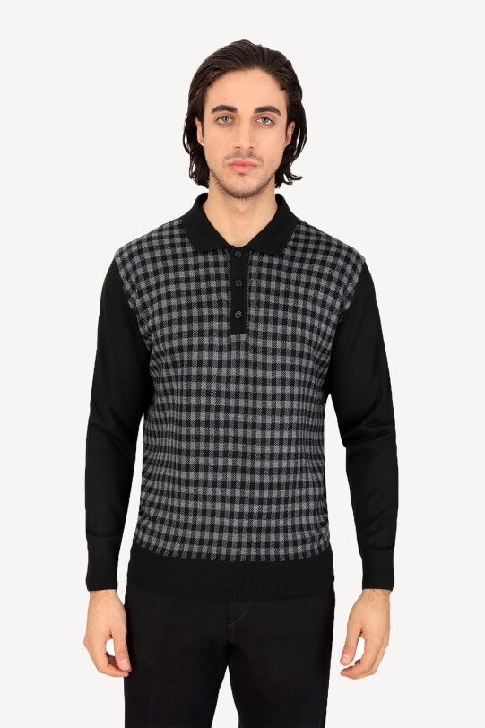 Erkek Siyah Gri Polo Yaka Kareli Triko