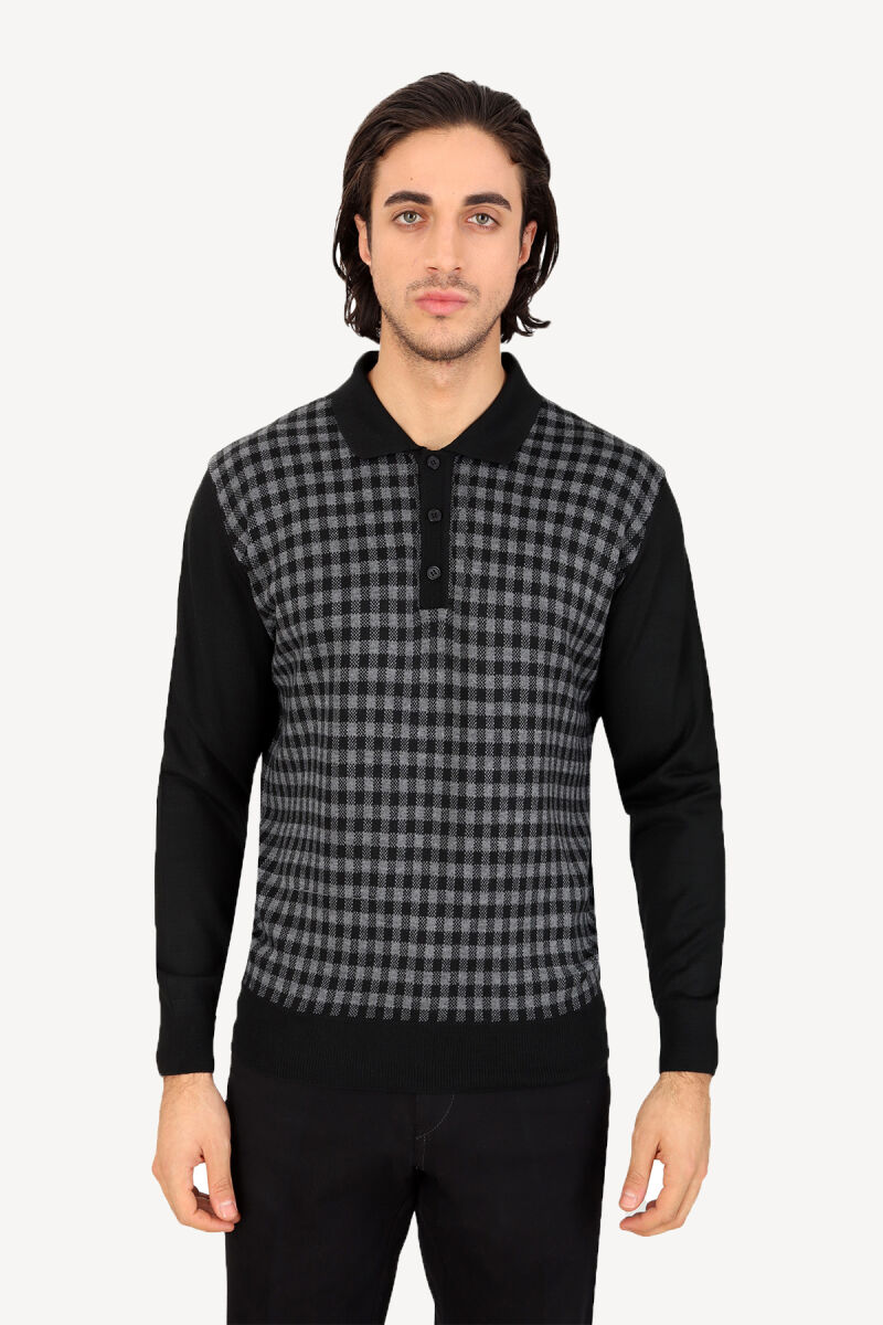 Erkek Siyah Gri Polo Yaka Kareli Triko - 1