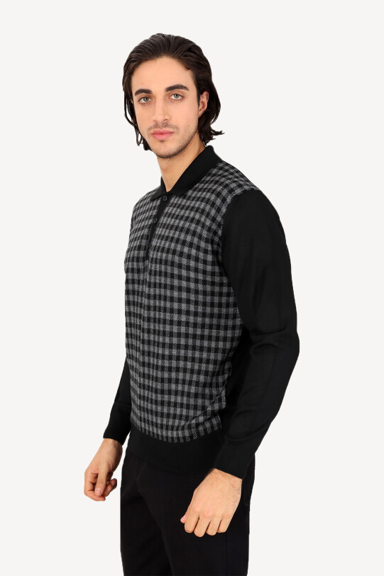 Erkek Siyah Gri Polo Yaka Kareli Triko