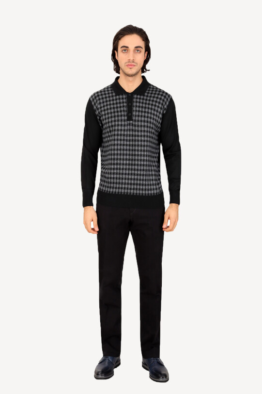 Erkek Siyah Gri Polo Yaka Kareli Triko