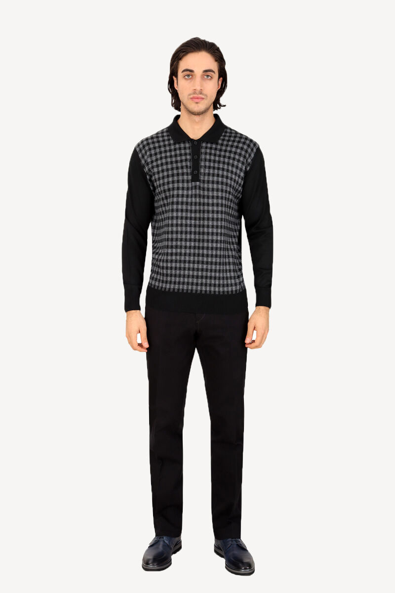 Erkek Siyah Gri Polo Yaka Kareli Triko - 3