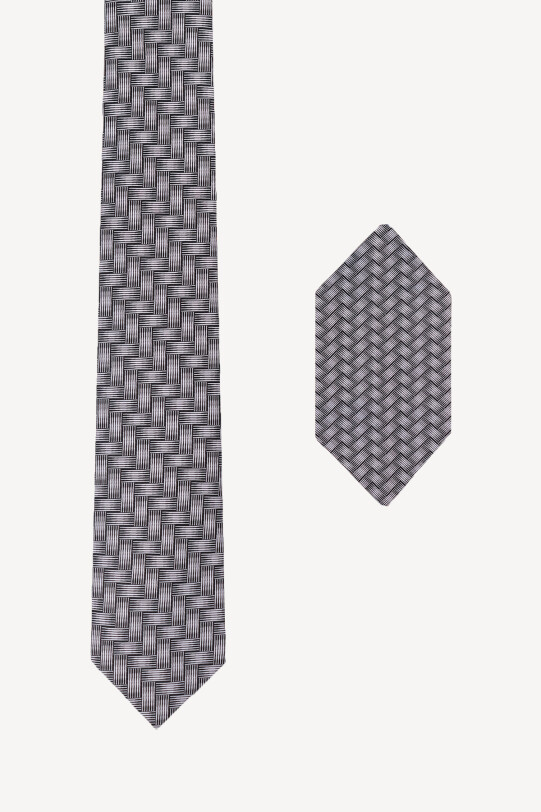 Erkek Siyah Gri Desenli Kravat Mendil Set - YSF