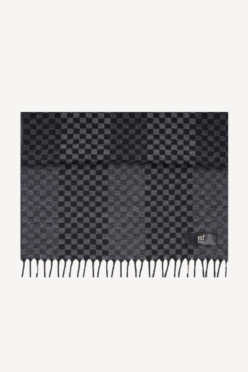 Erkek Siyah Gri Yünlü Kareli Kaşkol - 1