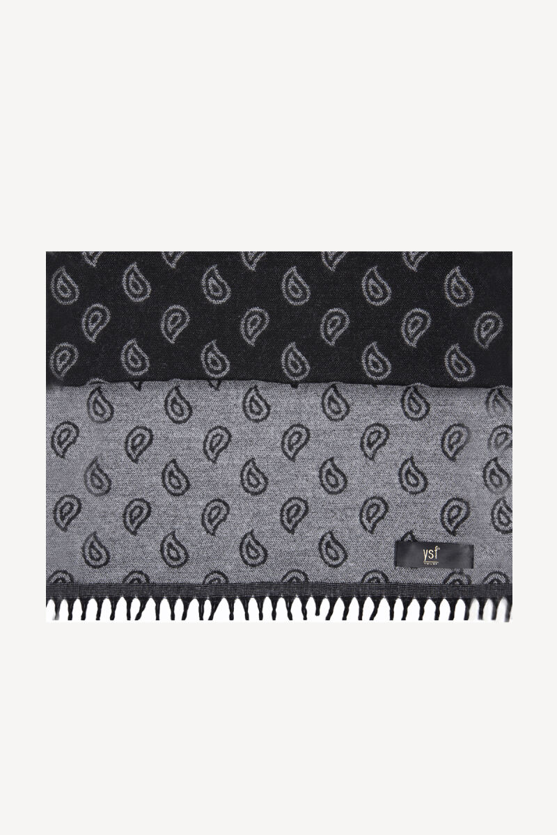 Erkek Siyah Gri Yünlü Şal Desenli Kaşkol - 1