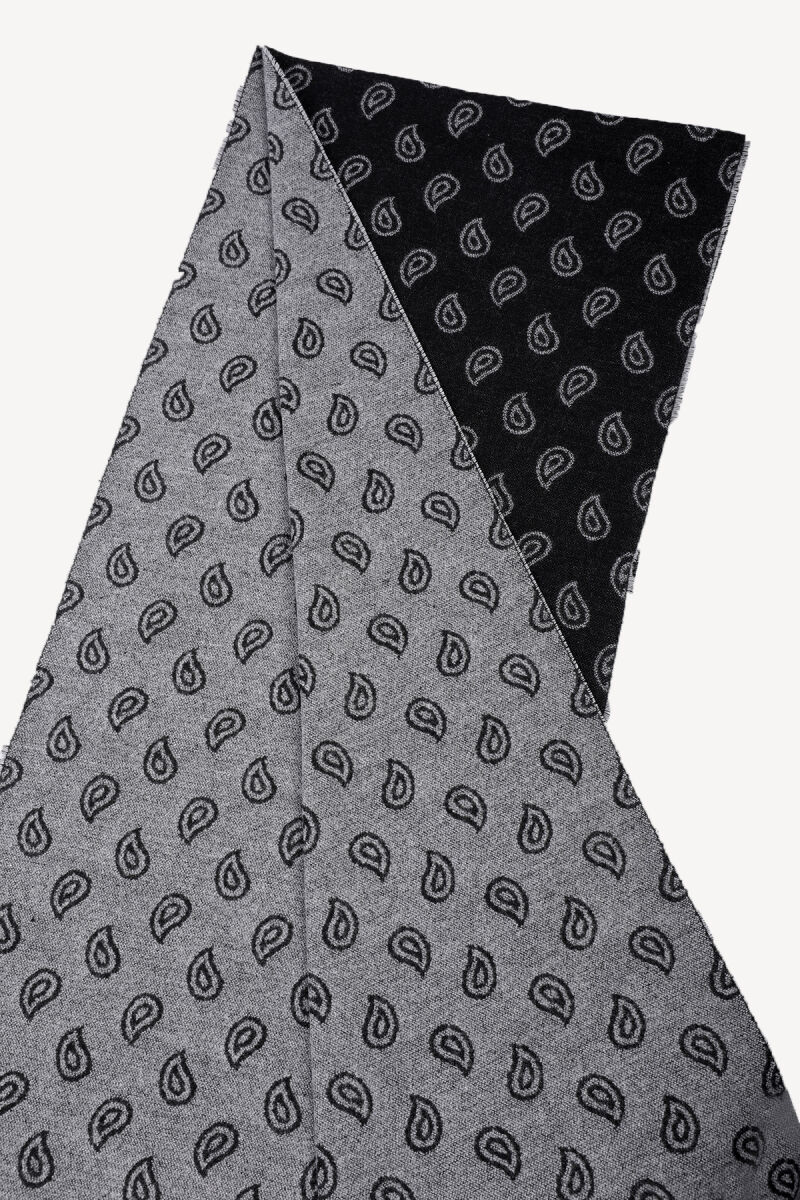 Erkek Siyah Gri Yünlü Şal Desenli Kaşkol - 2