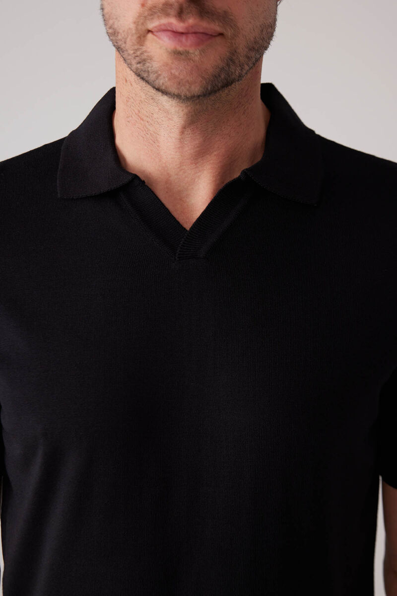 Erkek Siyah İtalyan Stil V Yaka Düğmesiz Polo Tişört - 7