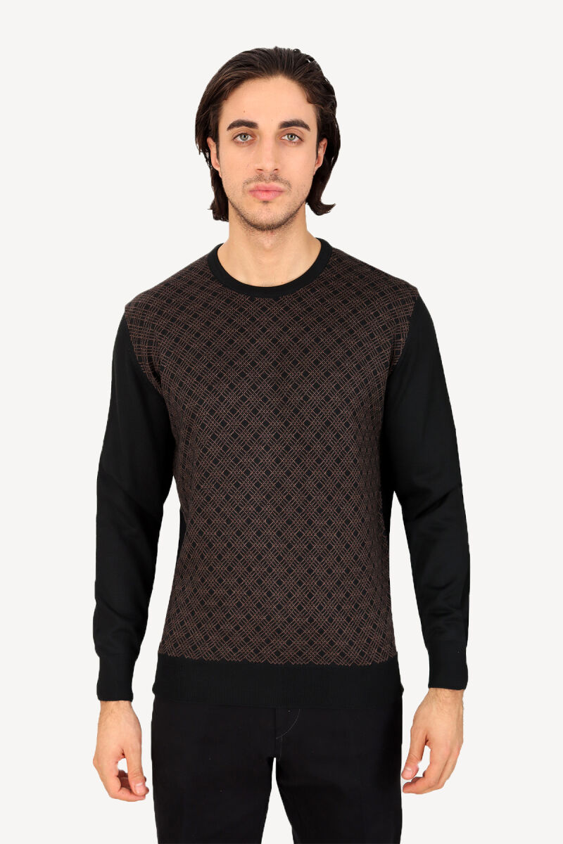 Erkek Siyah Kahve Bisiklet Yaka Desenli Klasik Triko - 1