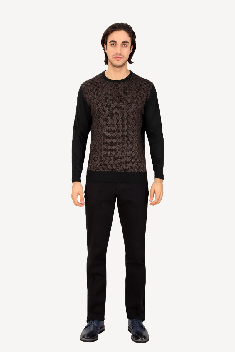 Erkek Siyah Kahve Bisiklet Yaka Desenli Klasik Triko - 3