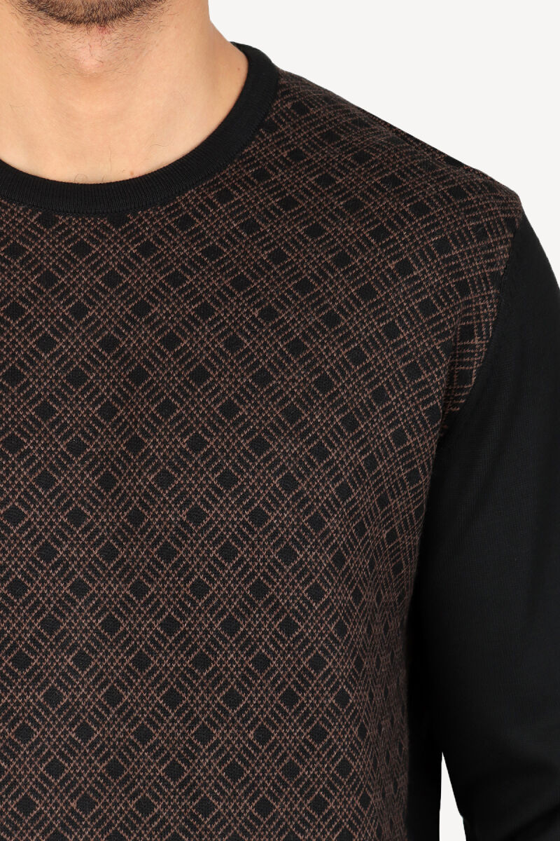 Erkek Siyah Kahve Bisiklet Yaka Desenli Klasik Triko - 4