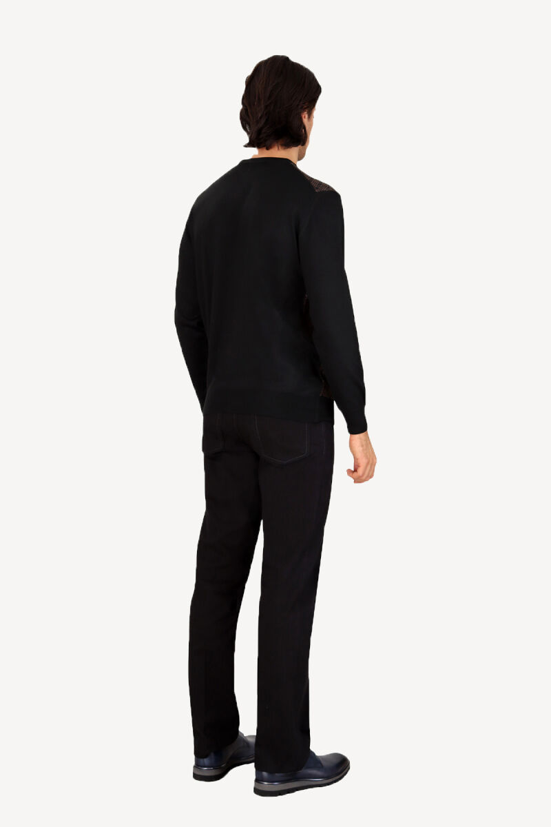 Erkek Siyah Kahve Bisiklet Yaka Desenli Klasik Triko - 5