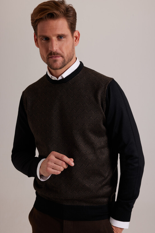 Erkek Siyah Kahve Bisiklet Yaka Desenli Triko