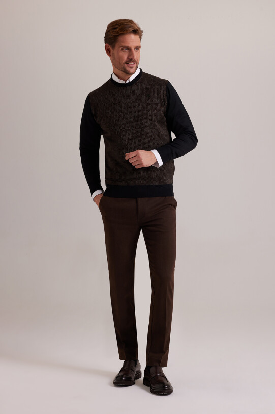 Erkek Siyah Kahve Bisiklet Yaka Desenli Triko