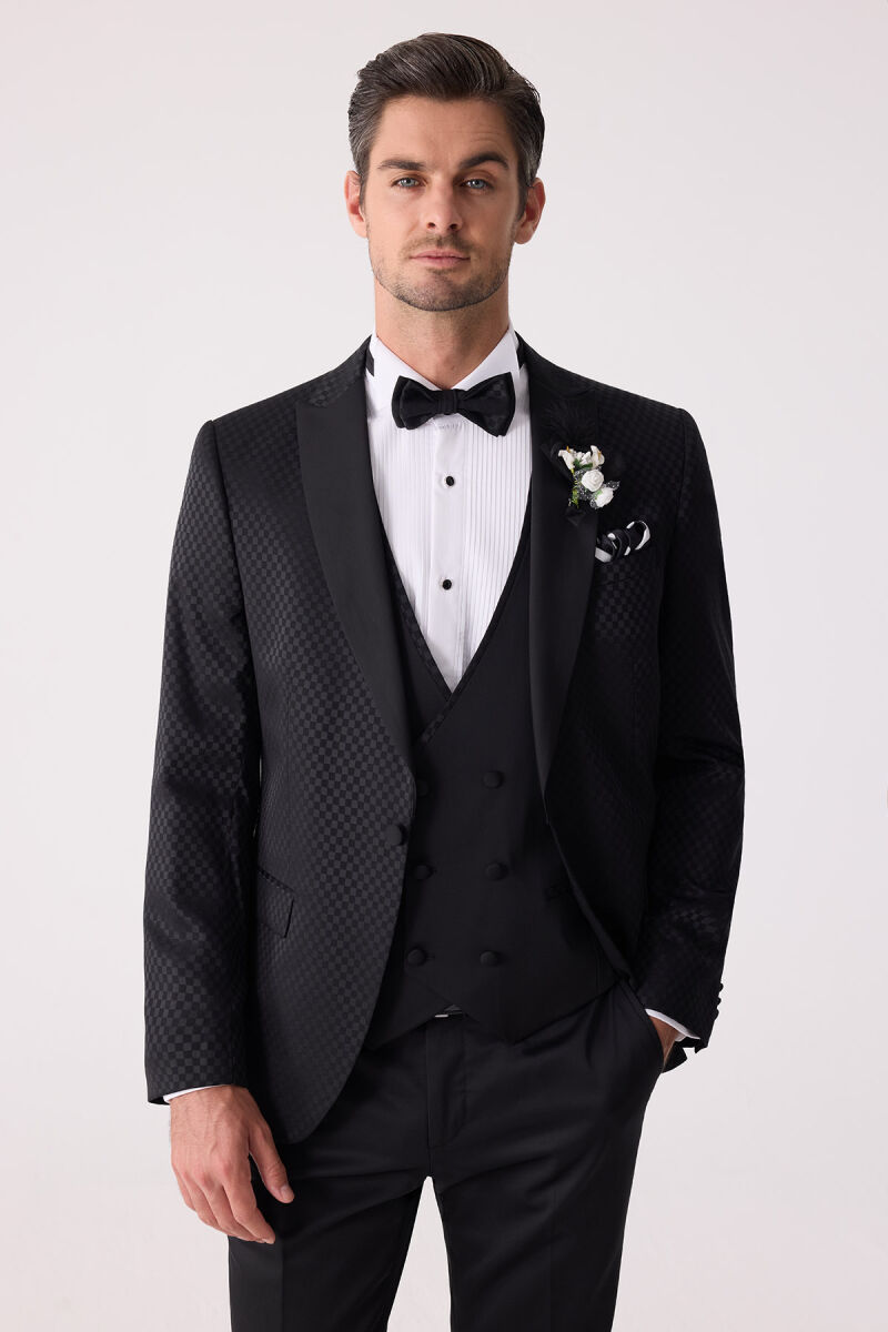Erkek Siyah Kırlangıç Yaka Yelekli Desenli Slim Fit Damatlık - 1