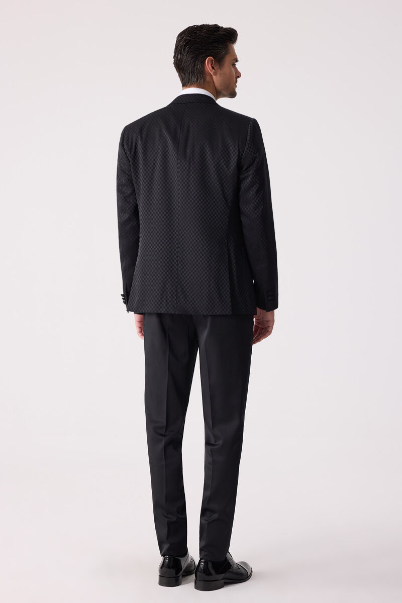Erkek Siyah Kırlangıç Yaka Yelekli Desenli Slim Fit Damatlık - 12