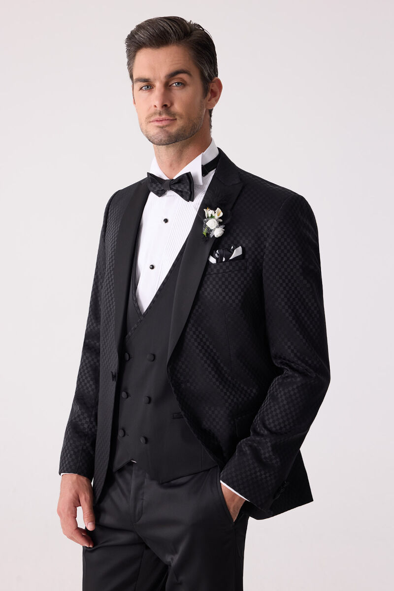 Erkek Siyah Kırlangıç Yaka Yelekli Desenli Slim Fit Damatlık - 2
